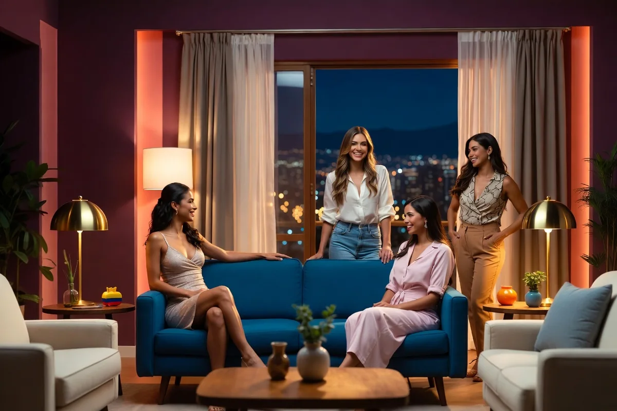 Clearly adult Colombian women in a warm after-dark editorial setting
